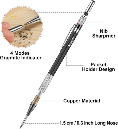 Enhon 2mm Mechanical Carpenter Pencil Set with 12 Marker Refills and Sharpener, Woodworking Marking Tool for Deep Hole