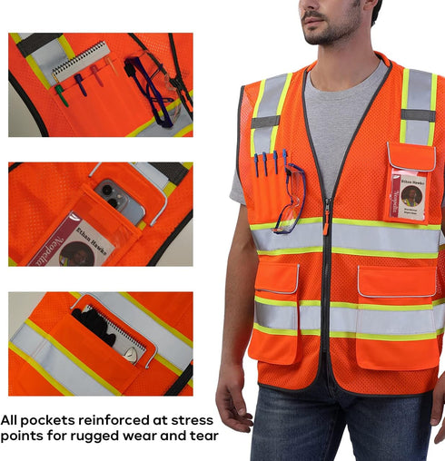 Reflective Safety Vest, Orange Mesh, High Visibility with Pockets and Zipper, Padded Neck, ANSI Class 2, Orange with