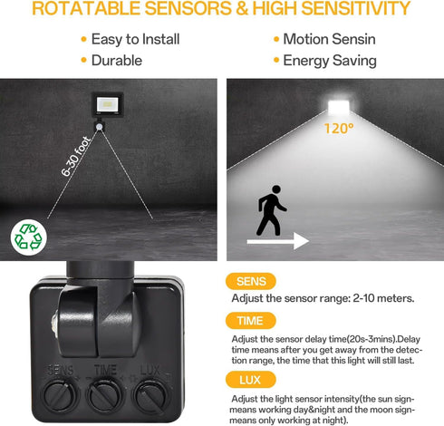 4.9ft IP66 6000K Motion Sensor Flood Light Outdoor, Plug in Motion Sensor Light with Cord, Waterproof Floodlights