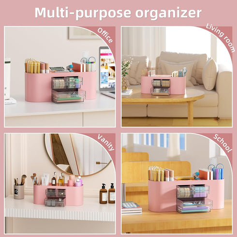 Marbrasse Desk Organizer Pen Holder with 3 Drawers, Multi-Functional Pencil Holder for Home, School, Classroom (Pink)