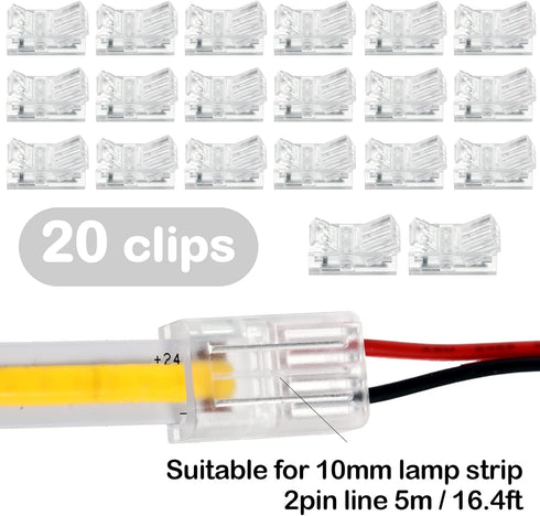 COB LED Strip to Wire Connector 20 Pieces Waterproof LED Adapter Connectors Transparent Solderless LED Light Strip Connectors for Strip Light Unwired Gapless Track Lighting Connector (2 Pin, 10 mm) by Flutesan