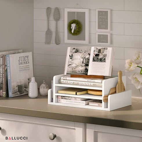 Ballucci 3-Tier Desk Organizer with 2 Side Mail Sorter Slots, Open Top Paper Organizer, Wood Letter Tray for Desktop