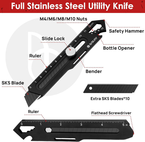 BIBURY 2 Pack Utility Knife, Heave Duty Full Stainless Steel Retractable Box Cutter with 10PCS replaceable Blades (18mm Wide), Multi-functional Extended Razor Knife for Office, Home, School Black by BIBURY