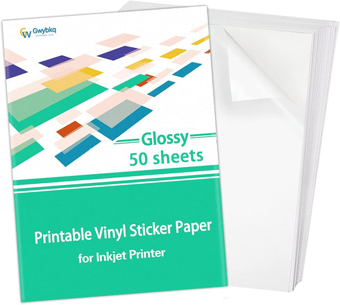 Gwybkq Sticker Paper Printable Vinyl for Inkjet Printer, 50 Sheets Glossy White