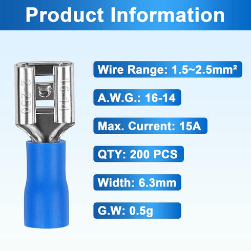 200 Pcs Vinyl Insulated Spade Wire Connectors, Female and Male Quick Disconnects, Blue Electrical Crimp Terminal 16-14