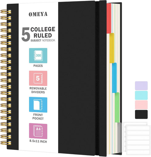 Spiral Notebook, 8.5" x 11", 5 Subject College Ruled with Removable Dividers, 300 Pages for Work School