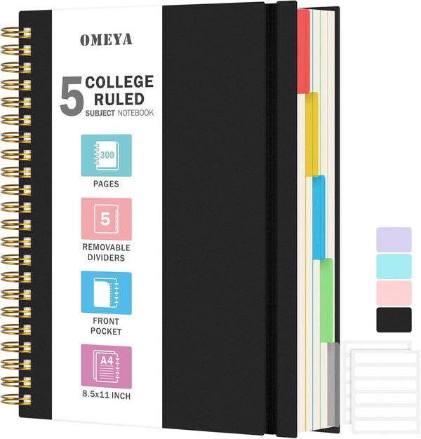 Spiral Notebook, 8.5" x 11", 5 Subject College Ruled with Removable Dividers, 300 Pages for Work School