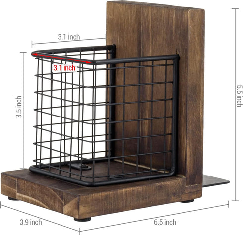 MyGift Rustic Burnt Wood Decorative Bookends with Matte Black Metal Wire Basket for Office Supplies, 1-Pair