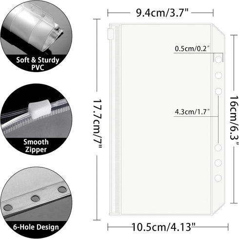 HAUTOCO 15PCS A6 Binder Pockets - 6-Hole Budget Envelopes Planner Inserts for A6 6-Ring Binders, Clear PVC Zipper Pouch