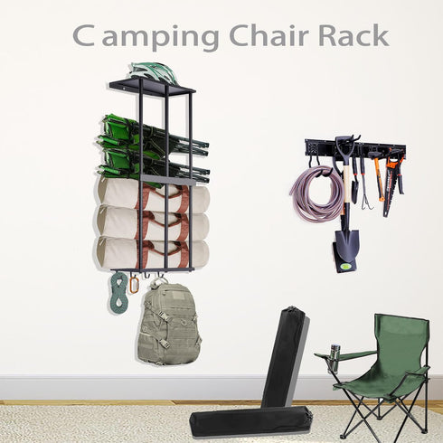 Gavinjitao 4 Camping Chair Rack for Garage Storage, Metal Camping Chair Storage Wall Mount Beach Chair Umbrella Storage