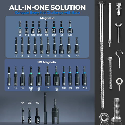 34 Set, Set, toolant Piece Magnetic Nut Driver Impact Driver Bit Deep Nut Driver, Impact Socket Adapters, Wing Nut