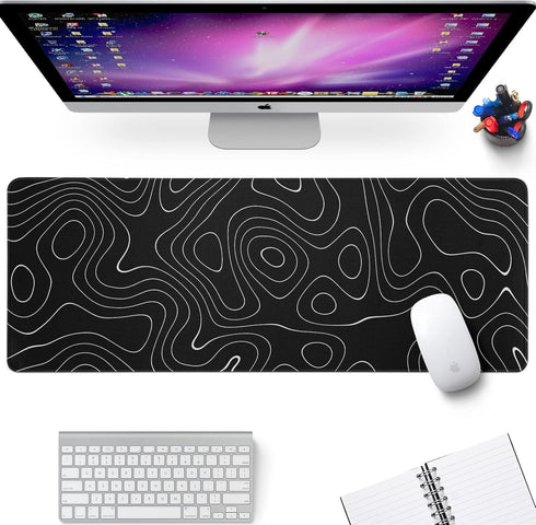 Large Topographic Map Gaming Mouse Pad for Desk, Black Desk Pad with Non-Slip Rubber Base, Desk Decor
