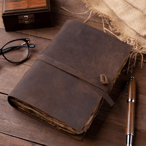Vintage Leather Journal, Burnt Deckle Edge Vintage Paper, Handmade Leather Bound Journal, 240 Pages (9" x 6")