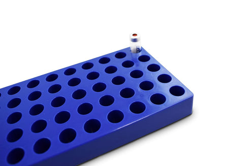 Vial Racks for 2mL Vials, 5 Pack, Blue Polypropylene, 50 Holes, 7.375" x 3.75" x .875", Autoclavable, CV2055