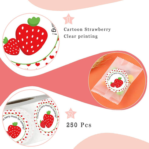 Strawberry Thank You Sticker Labels, 2 Inch Thank You Berry Much for Coming Stickers - 250 Pcs Birthday Party Favors