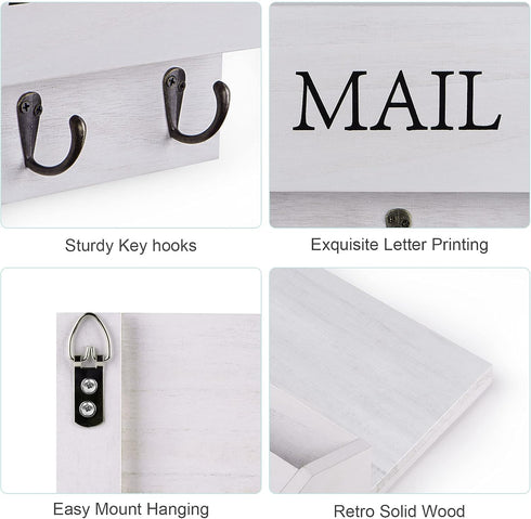 DLQuarts Mail Organizer with Key Holder, Wall Mounted Wooden Mail Sorter with 3 Hooks, White