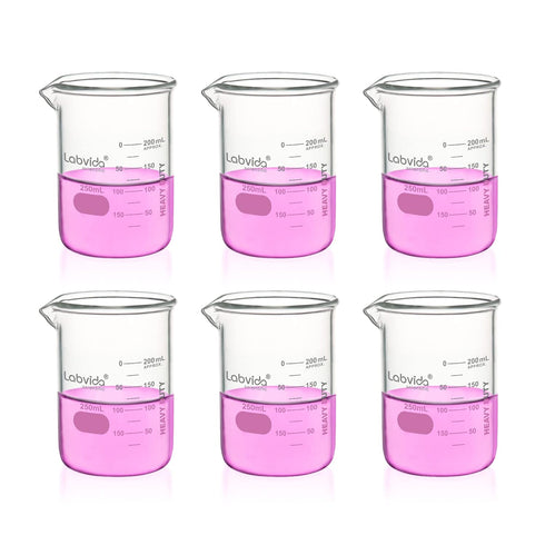Heavy Duty Glass Beakers Set, 6 pcs of 250ml Thick-Walled, 3.3 Boro Griffin Low Form with Double Scale Graduation