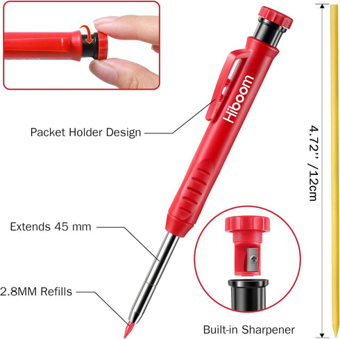 Hiboom Mechanical Carpenter Pencil Set, 3 Pcs Carpenter pencil with Sharpener and 12 Pcs Refills, 3 Pcs Deep Hole Marker, Heavy Duty Construction Pencils for Architect (Red, Black, Yellow)