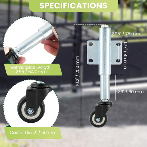 2" Spring Loaded Gate Caster, 2 PCS 2-1/2" Heavy Duty Farm Gate Wheels, 4 Holes Mounting Plate PU Swivel Gate Caster Wheels, Load Capacity 110 Lbs, Adjustable Height
