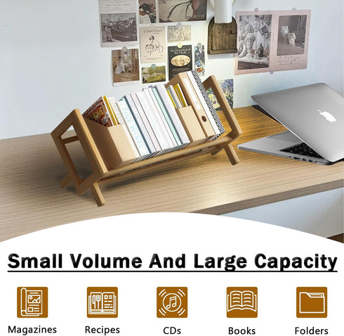 Desktop Bookshelf Bamboo Book Storage Organizer Large Magazine Holder Racks for Home Office Bedroom Tilting Bookcase