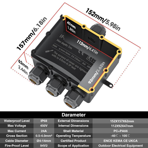 IP68 Waterproof Junction Box, 4-Way Outdoor Cable Connectors with 4 Cable M25 Gland for 4-14 mm Diameter Cable, Black