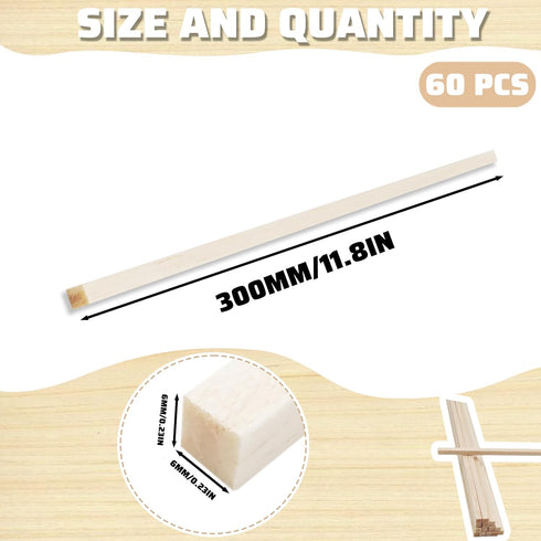 60Pcs Wood Square Dowel Rods 1/4 x 1/4 x 12 inch, Wood Squares for Crafts, Model Making Balsa Wood