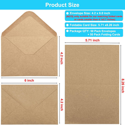 50 Pack 4.2 6.0 inches, Set, Blank Cards and Envelopes x Brown Blank Note Cards Greeting Cards and Envelopes Folded
