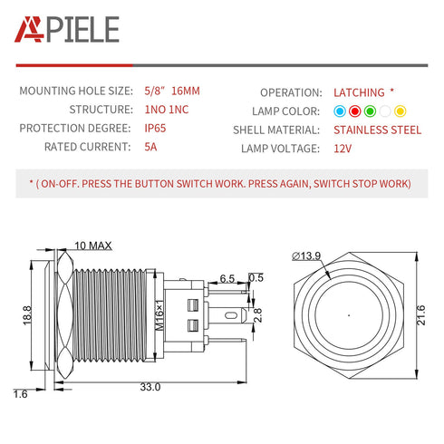 APIELE 16mm Latching Push Button Switch - 12V DC On Off Stainless Steel with LED Angel Eye Head