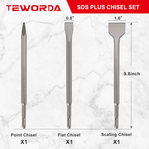 SDS-Plus Chisel Set for Rotary Hammer Drills, 3PC Masonry Concrete Drill Bit Set, Point Flat Scaling Chisels, Storage Case, 40CR Steel SDS Plus Bits for Masonry, Concrete, Brick, Stone,Tile Removal