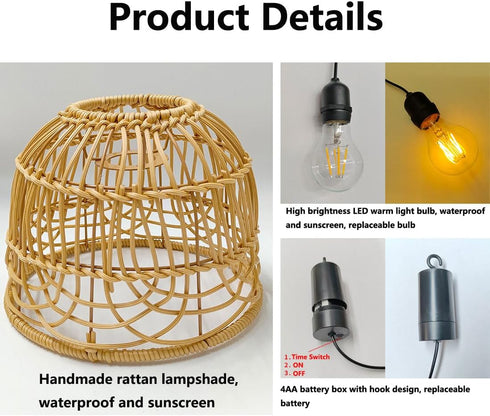 Bulb 4*AA Outdoor Pendant Light Chandelier for Gazebo Battery Operated Boho Hanging Lamp Handmade Rattan Decorative