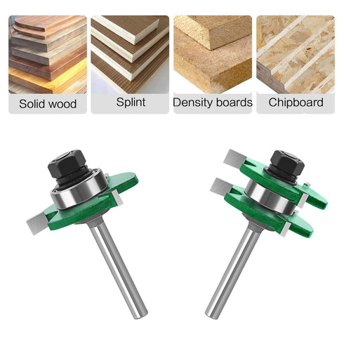 Pro Tongue and Groove Router Bit Set, 2 Pieces 1/4 Inch Shank Router Bit Set, 3 Teeth Adjustable T Shape Wood Milling