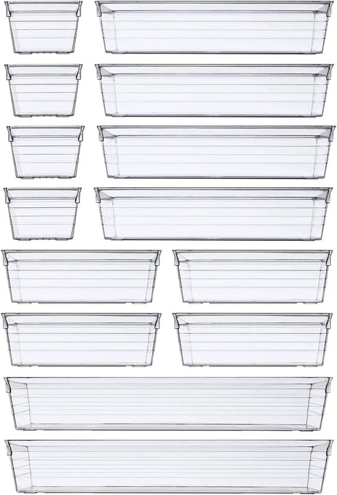 DCA 14 PCS Clear Plastic Drawer Organizer Tray, 4 Sizes for Makeup, Kitchen Utensils, Jewelry Storage