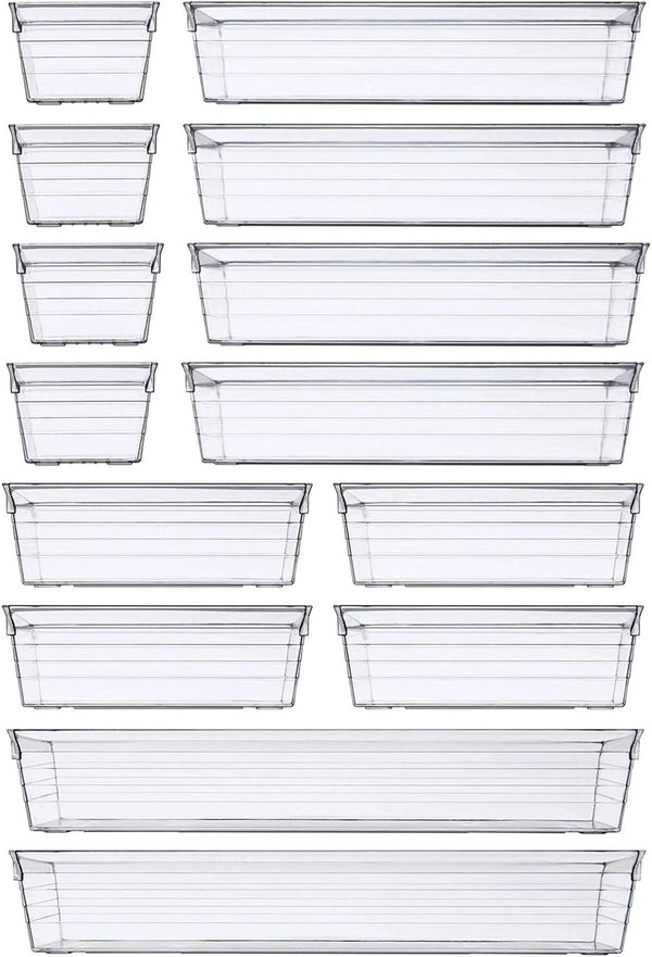 DCA 14 PCS Clear Plastic Drawer Organizer Tray, 4 Sizes for Makeup, Kitchen Utensils, Jewelry Storage