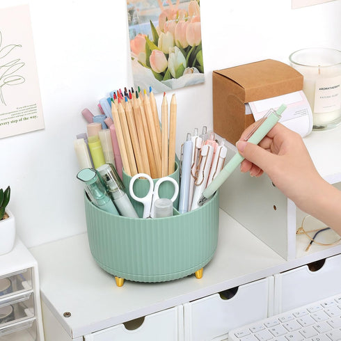SKYDUE 360 Degree Rotating Desk Organizer, Dual-Purpose Pencil Pen Holder for Desktop, Rotating Desk Pen Organizer with 5 Slots, Pencil Cup for School, Home, Office Supplies (Bean Green) by SKYDUE