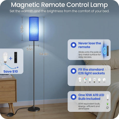Dimmable 64.4" 10W 900LM Bulb 3000K-6500K, U06LD05W1 Blue Floor Lamp for Living Room with Remote and Foot Switch
