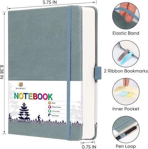 Blank Paper Notebook - 280 Pages A5 Journal with 100gsm Thick Blank Paper, Hardcover, PU Leather, Gray Blue