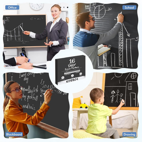 Kerros 16 Pack White Dry Erase Markers Magnetic Dry White Chalk Markers Pens Fine Point Tip - Small Blackboard Markers