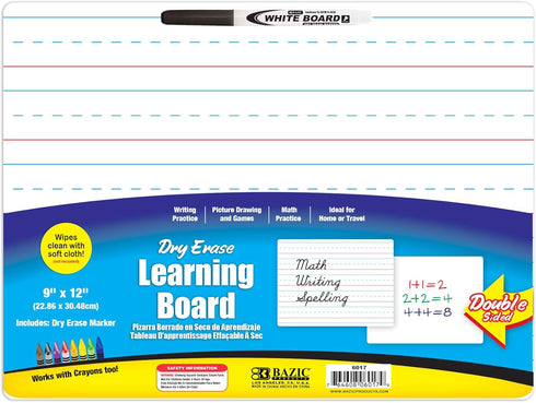 BAZIC Dry Erase Lap Board 9"x12" & Marker, Double Sided Primary Ruled & Blank, 1-Pack