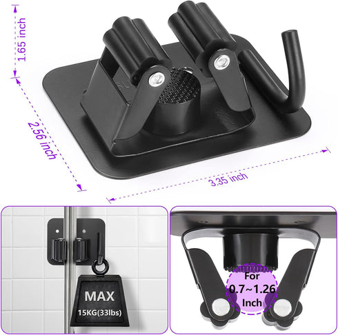 YUWANTING 4 4 Stainless Steel Broom Holder, Heavy Duty, Rust Resistant, Gripper Positions with Hooks, Black