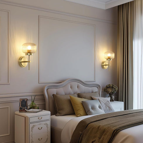 Set (2 Pack) Gold Wall Sconces of Two Upward or Downward Hardwired Wall Light Fixtures with Globe Glass Modern Wall