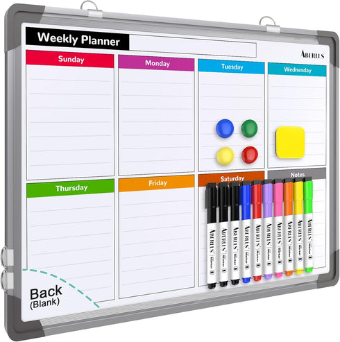 Small Weekly Calendar Dry Erase Whiteboard, 16" x 12" Magnetic Hanging Double-Sided Board for Home, Office