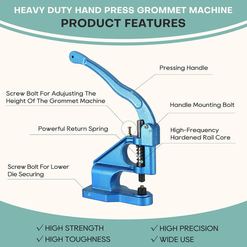 FLK Tech Heavy Duty Hand Press Grommet Machine - Craft/Industrial Use with 1500 Grommets and 3 Dies