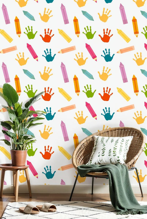 Kanworse 17.7in 32.8ft Peel and Stick Wallpaper Back to School Colorful Crayons Handprint for Kids Self-Adhesive Wall