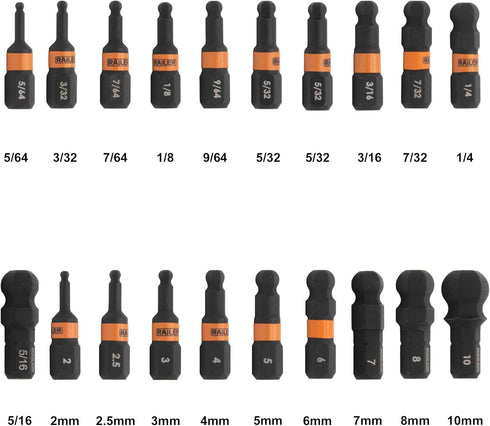 Ball End Hex Bit Set - Railer 1 Inch Impact Driver 20pc Hex Bit Set with Bit Holder & Carabiner, Premium S2 Steel