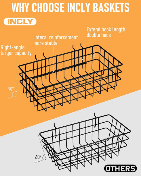 INCLY 4 Pack Pegboard Baskets Bins Set, Square Style Black Metal Wire Basket for Peg Board Organizing Tools
