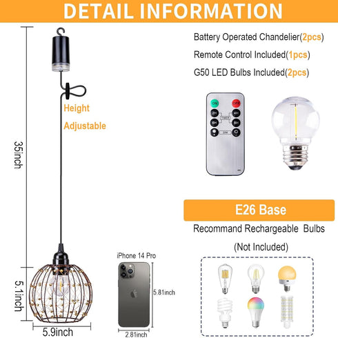 TWINKVILLA Bulb Ball-G50-2PK) Hanging Pendant Lights, Battery Operated Outdoor Chandelier with Warm White LED for Patio