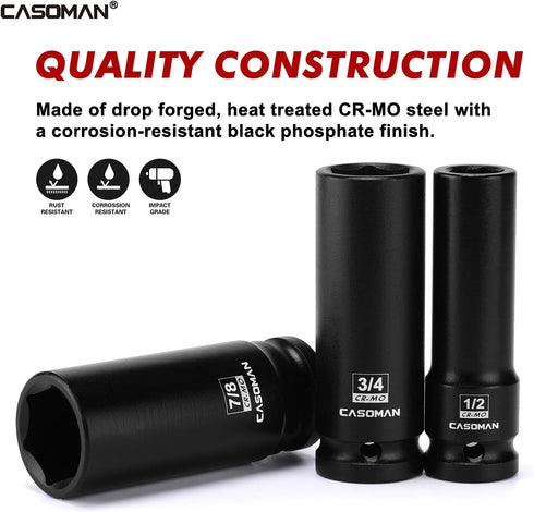 14PCS 1/2" Set, 6-Point, 3/8" 1-1/4", CASOMAN Drive Deep Impact Socket SAE, CR-MO, to for Auto Repair, Mechanic
