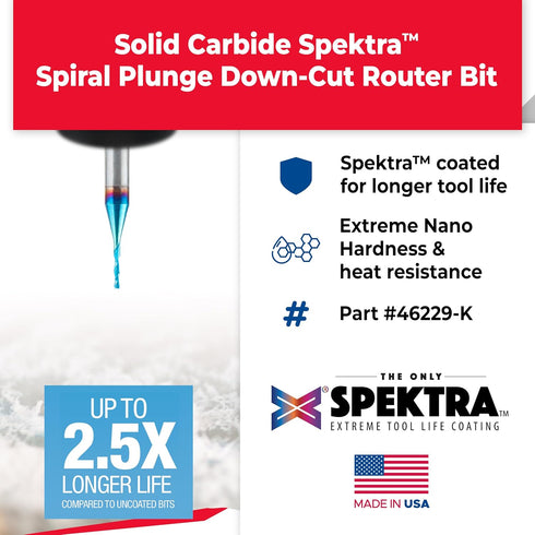 Amana Tool Solid Carbide Spektra Extreme Tool Life Spiral Plunge Router Bit, 1/32 Dia x 1/8 x 1/8 CH Inch Shank