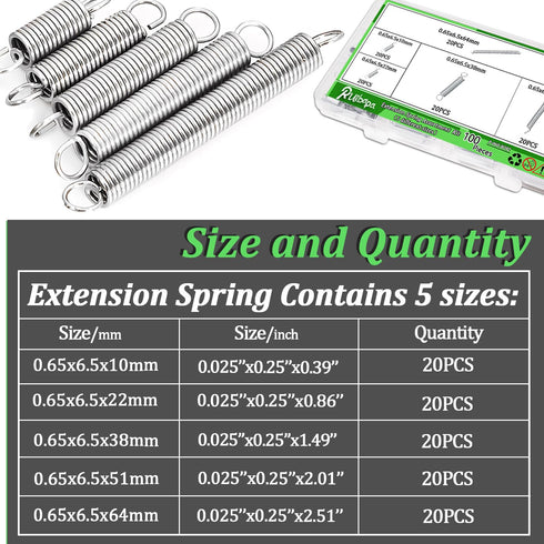 100PCS Extension Spring Assortment Kit 5 Different Sizes Zinc Plated Extension Spring for Home Repairs & DIY