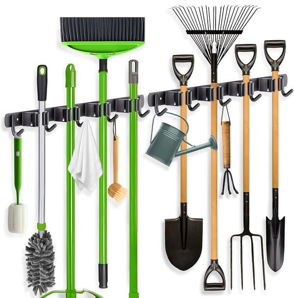 ZONGOOL 2 Pack Broom Holder Wall Mount, 4 Racks and 5 Hooks, Heavy Duty Organizer for Home Kitchen Garden